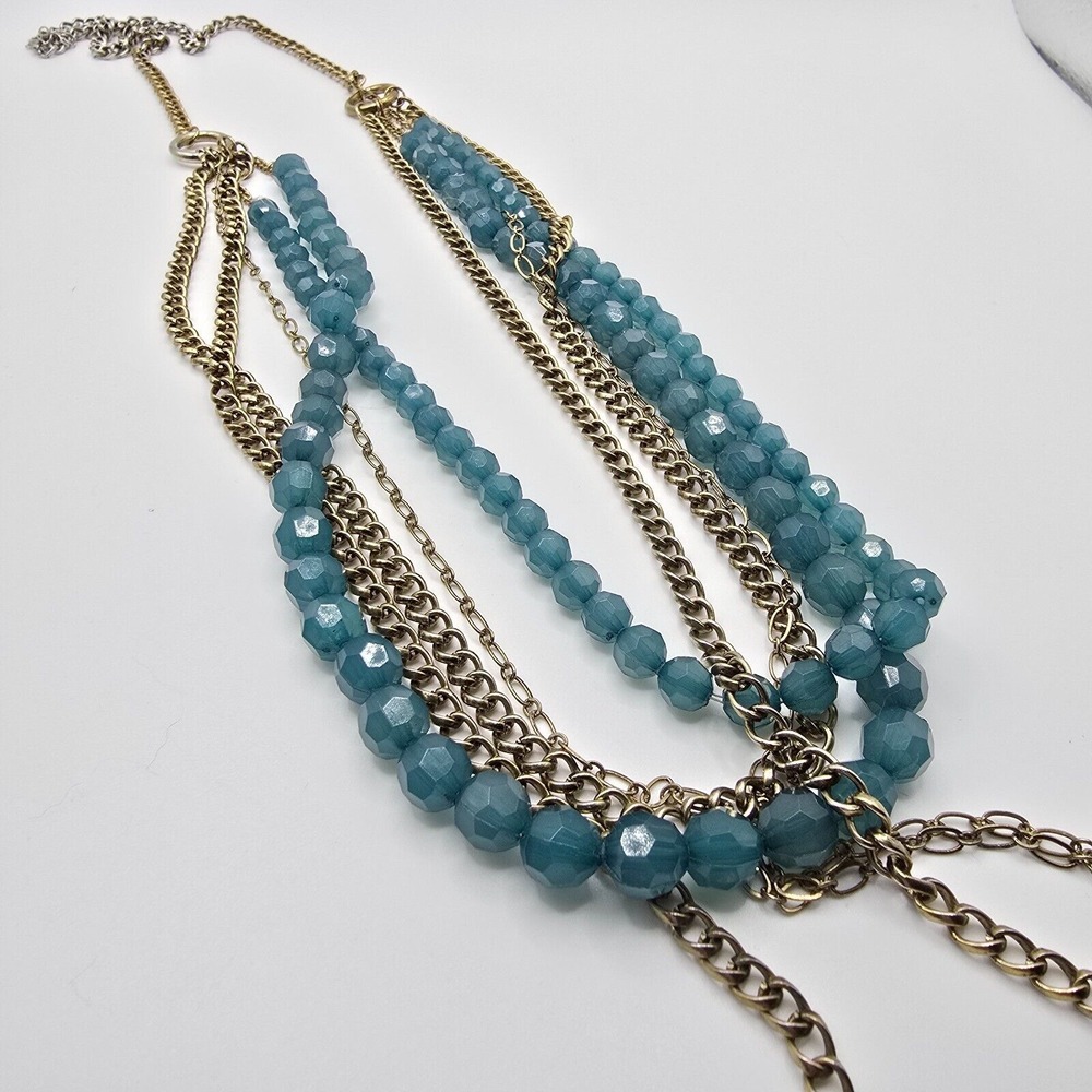 Vintage Women's Multi-Strand Beaded Necklace‎ Blue Faceted Gold-Tone Layered